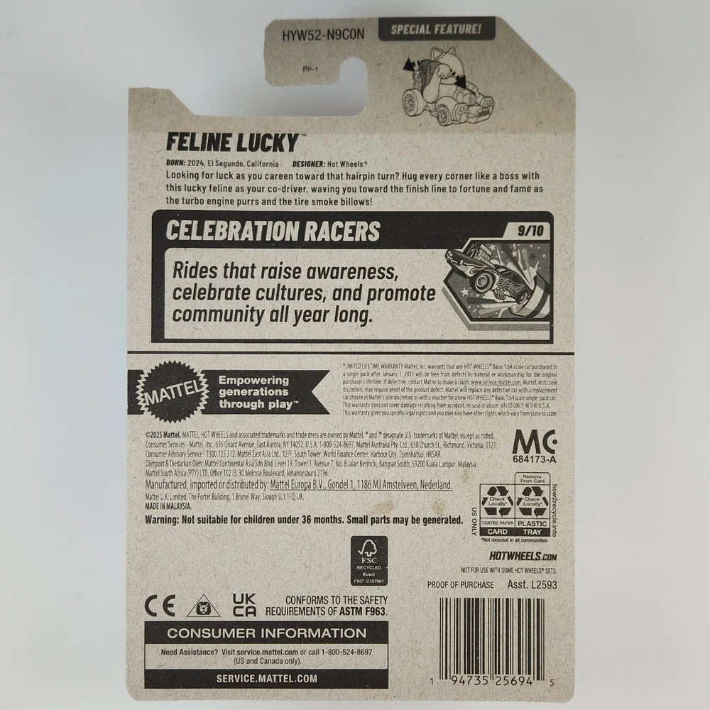 FELINE LUCKY Hot Wheels 2025, 234/250,  Celebration Racers 9/10,New Factory Card